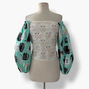Handmade Whiskers & Tails Cat Print Puff Balloon Sleeve Tie Back Top Blouse L